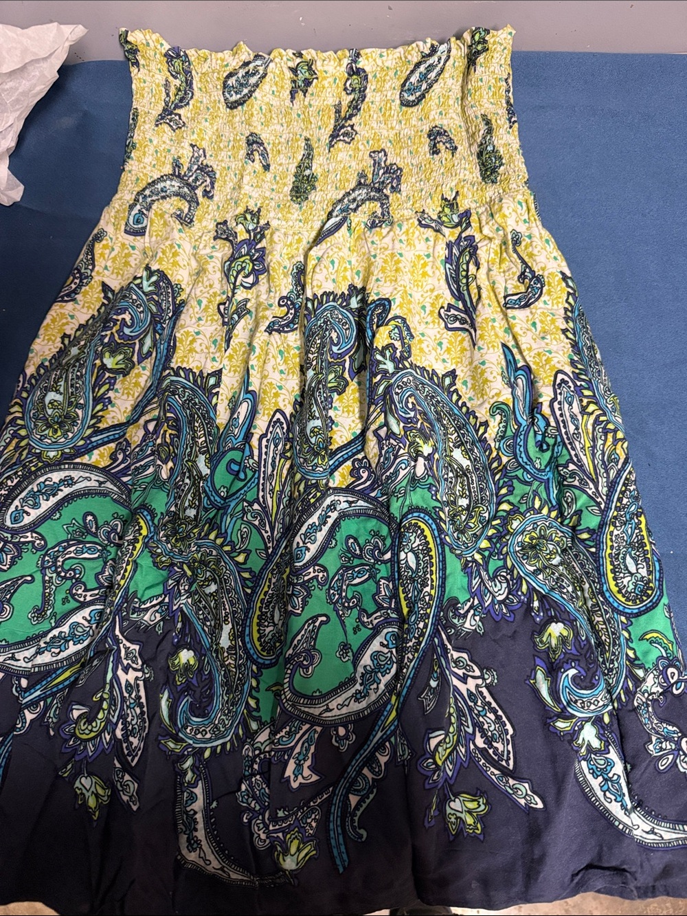 Cato Green, Navy & White Smocked Paisley Midi Skirt